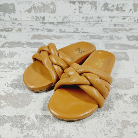 New SEYCHELLES LOW KEY TAN LEATHER Minimal Luxe Slide Sandals W5 - Picture 2 of 12